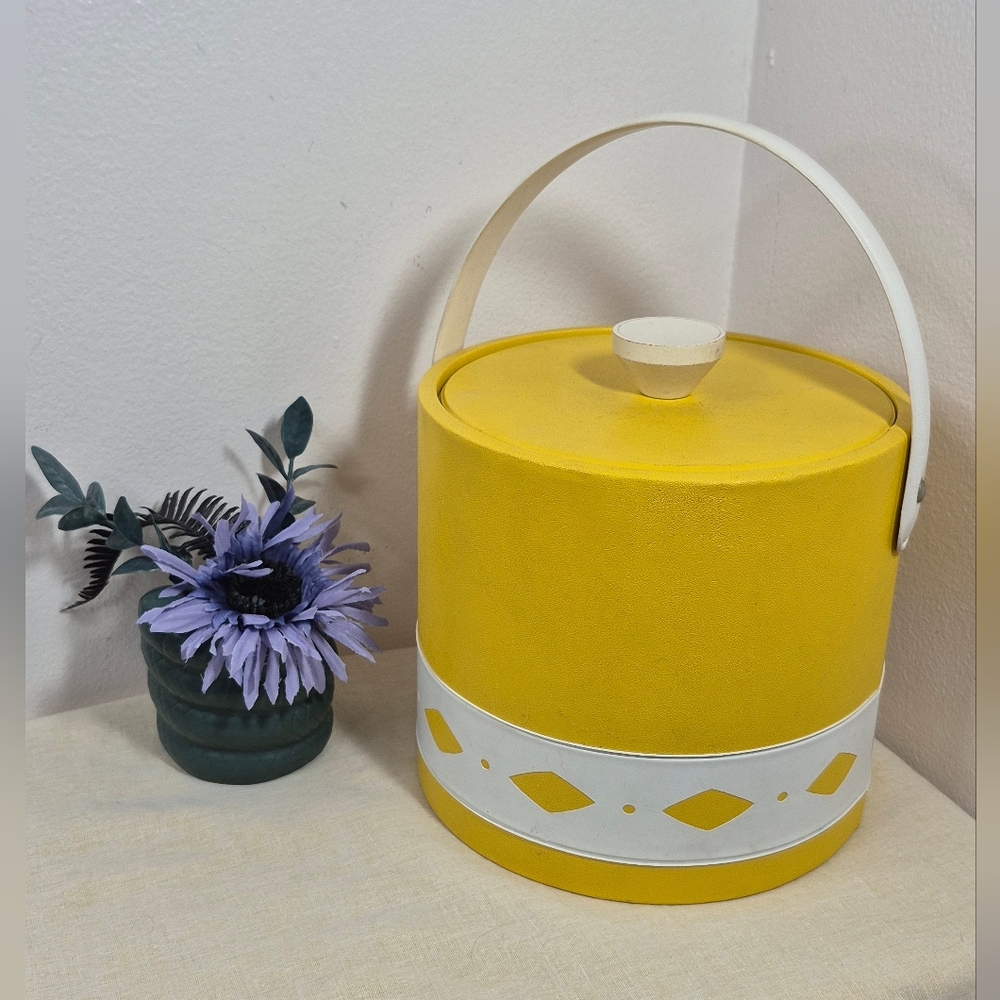 Vintage MCM Vinyl Ice Bucket Yellow with White Diamond Cutouts